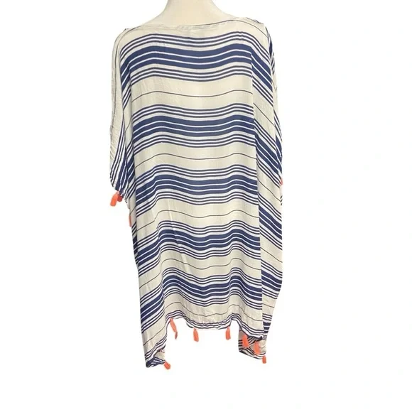 ASOS Swimsuit Cover Up Size 14 Navy White Stripes Hot Pink Tassels Pool Beach - Picture 6 of 7